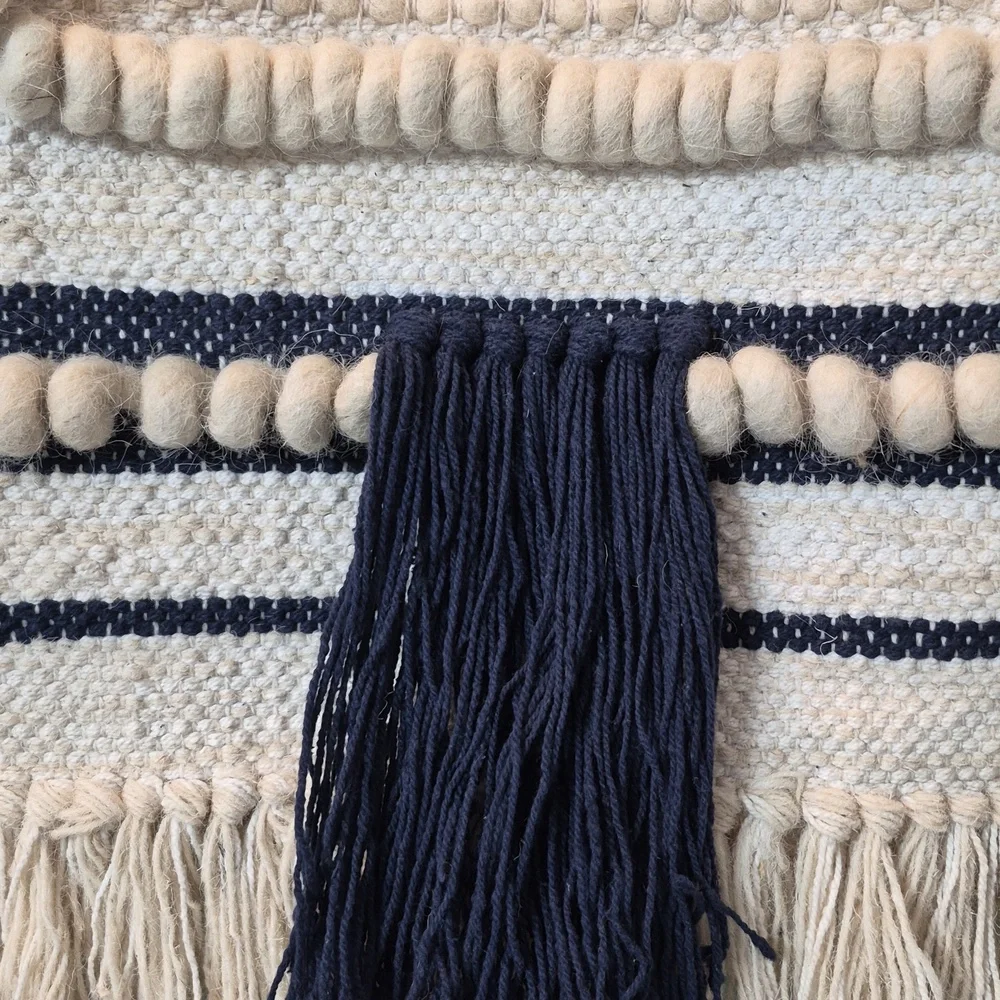Vintage Handcrafted Cotton wool Handwoven Blue Ivory Tassel Boho wall hanging